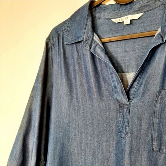 CLEO Utility Sleeve Mini Shirt Dress | Tunic w Pockets Chambray Blue Sz S - Picture 10 of 16